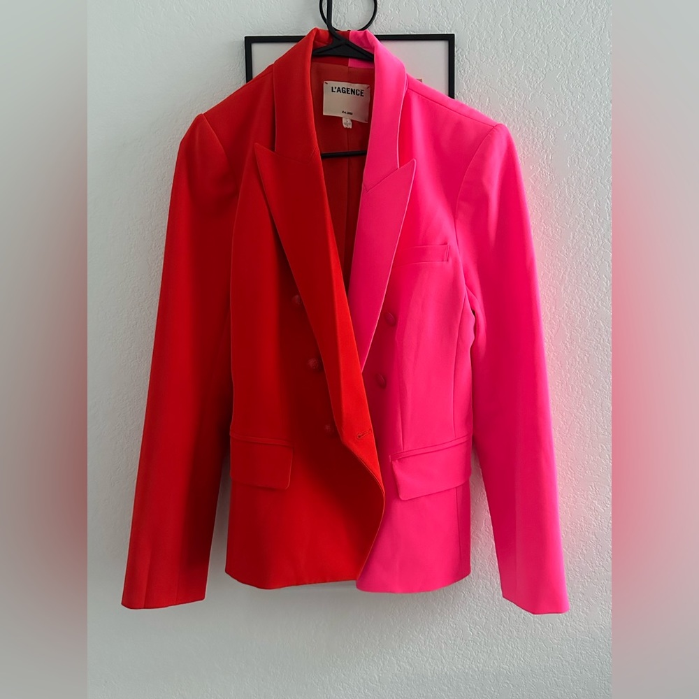 L'AGENCE Two-Tone Red and Hot Pink Double-Breasted Blazer